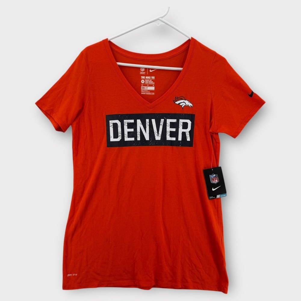 The Nike Tee Denver Broncos Womens XL‎ Shirt Dri Fit Orange Spell Out NFL NEW
